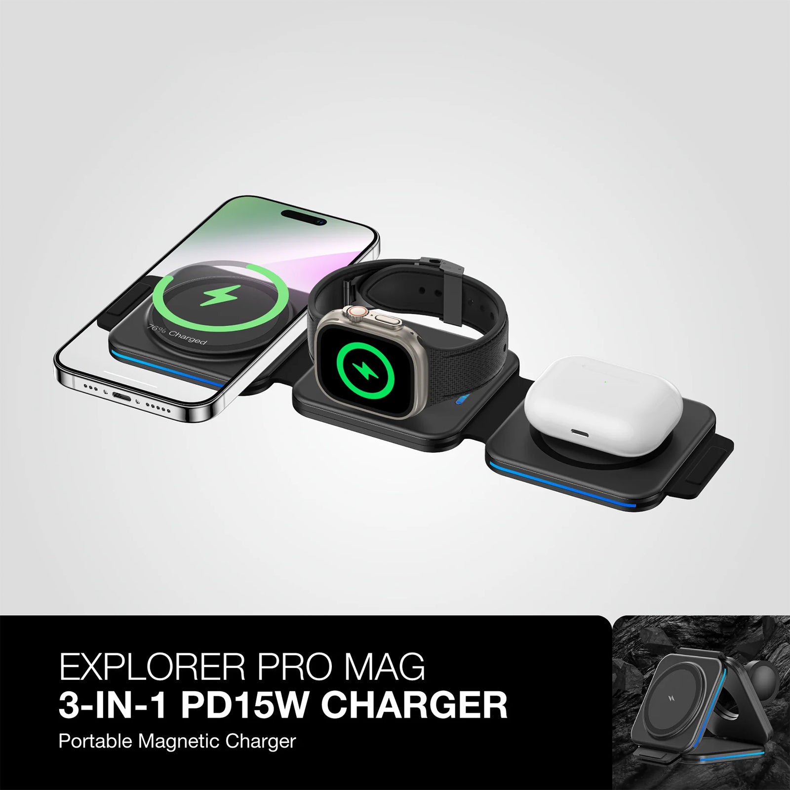 AMAZING THING EXPLORER PRO 3IN1 PD 15W PORTABLE WIRELESS CHARGER WITH 1.2M USB-C TO USB-C CABLE AMAZING THING EXPLORER PRO 3IN1 PD 15W PORTABLE WIRELESS CHARGER WITH 1.2M USB-C TO USB-C CABLE
