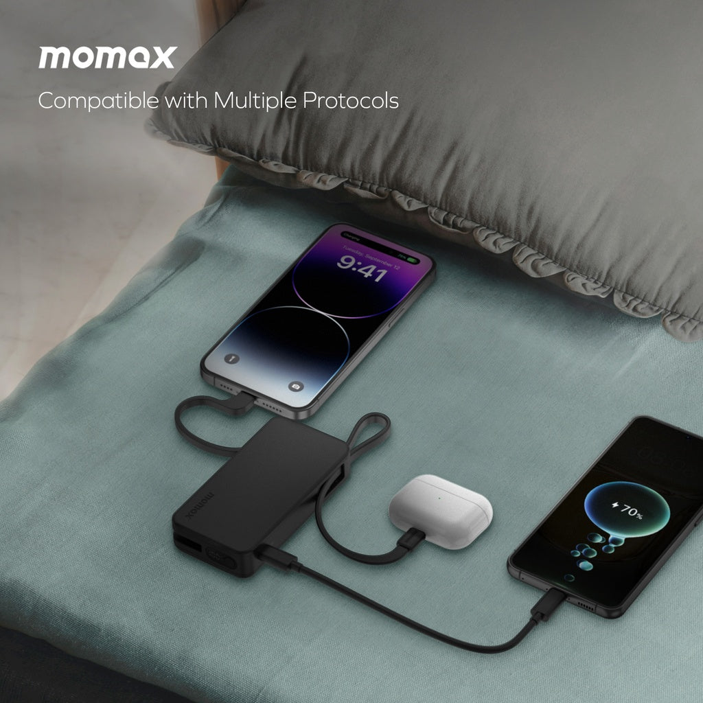 MOMAX 1-POWER VITAL+ 10000mAh POWER BANK WITH BUILT IN USB-C & LIGHTNING CABLE MOMAX 1-POWER VITAL+ 10000mAh POWER BANK WITH BUILT IN USB-C & LIGHTNING CABLE