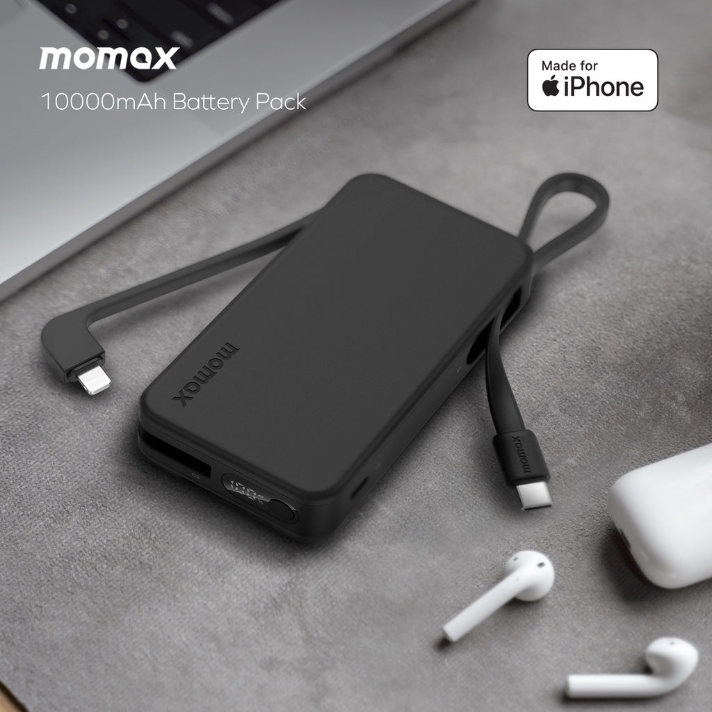 MOMAX 1-POWER VITAL+ 10000mAh POWER BANK WITH BUILT IN USB-C & LIGHTNING CABLE MOMAX 1-POWER VITAL+ 10000mAh POWER BANK WITH BUILT IN USB-C & LIGHTNING CABLE