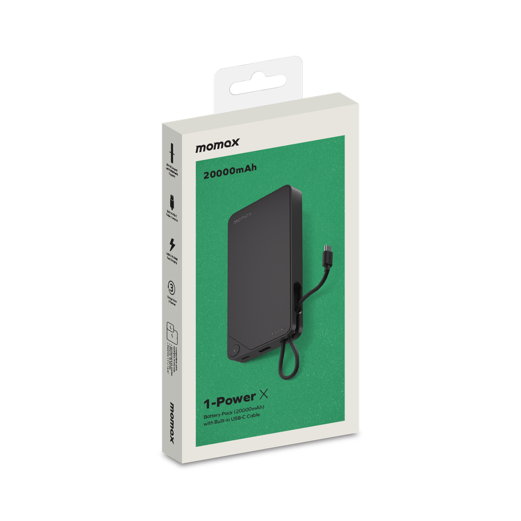 MOMAX 1-POWER X 20000mAh POWER BANK WITH BUILT-IN USB-C CABLE (Black) MOMAX 1-POWER X 20000mAh POWER BANK WITH BUILT-IN USB-C CABLE (Black)