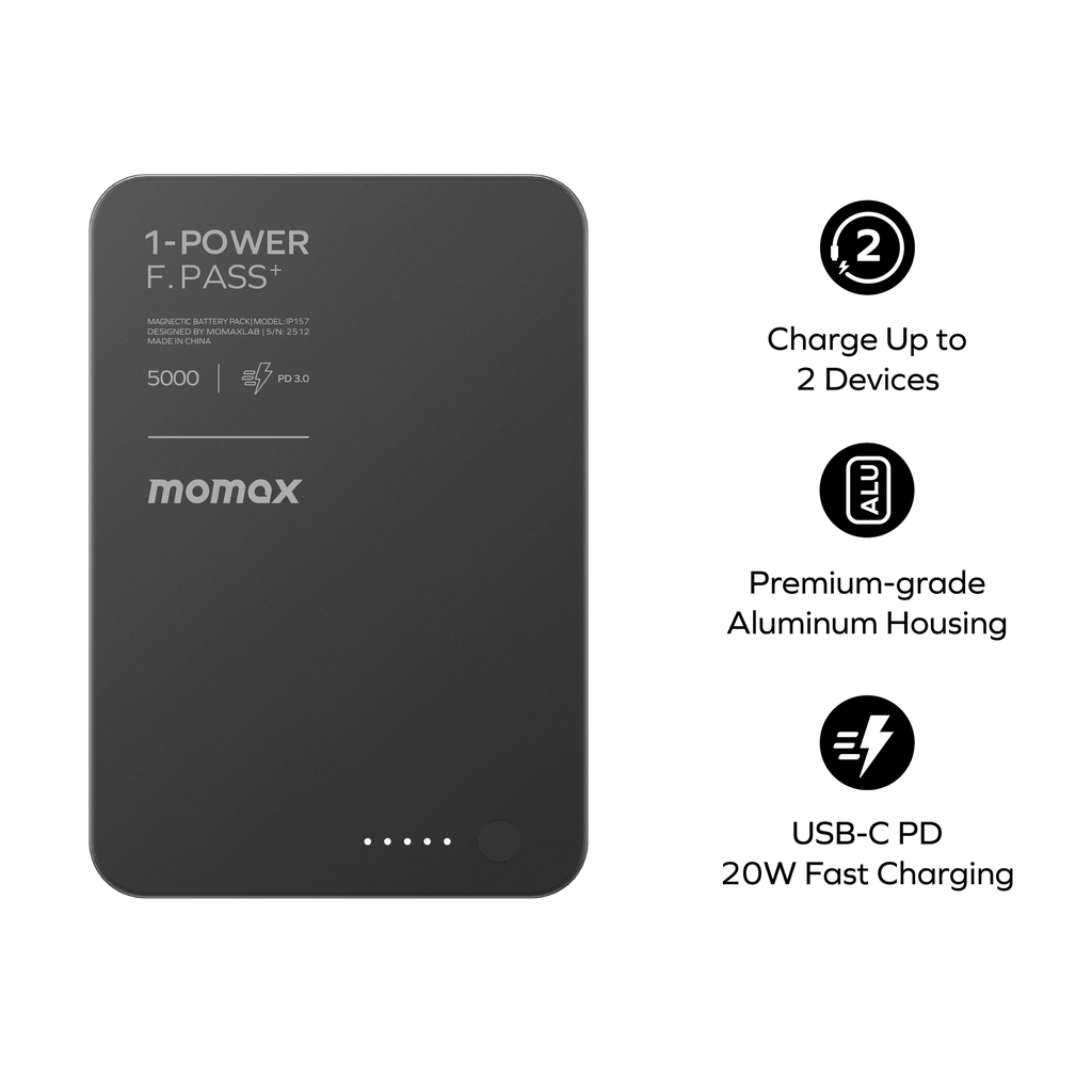 Momax 1-power F.pass+ 5000mah Power Bank With Built-in Cable & Magnetic Attachment Momax 1-power F.pass+ 5000mah Power Bank With Built-in Cable & Magnetic Attachment