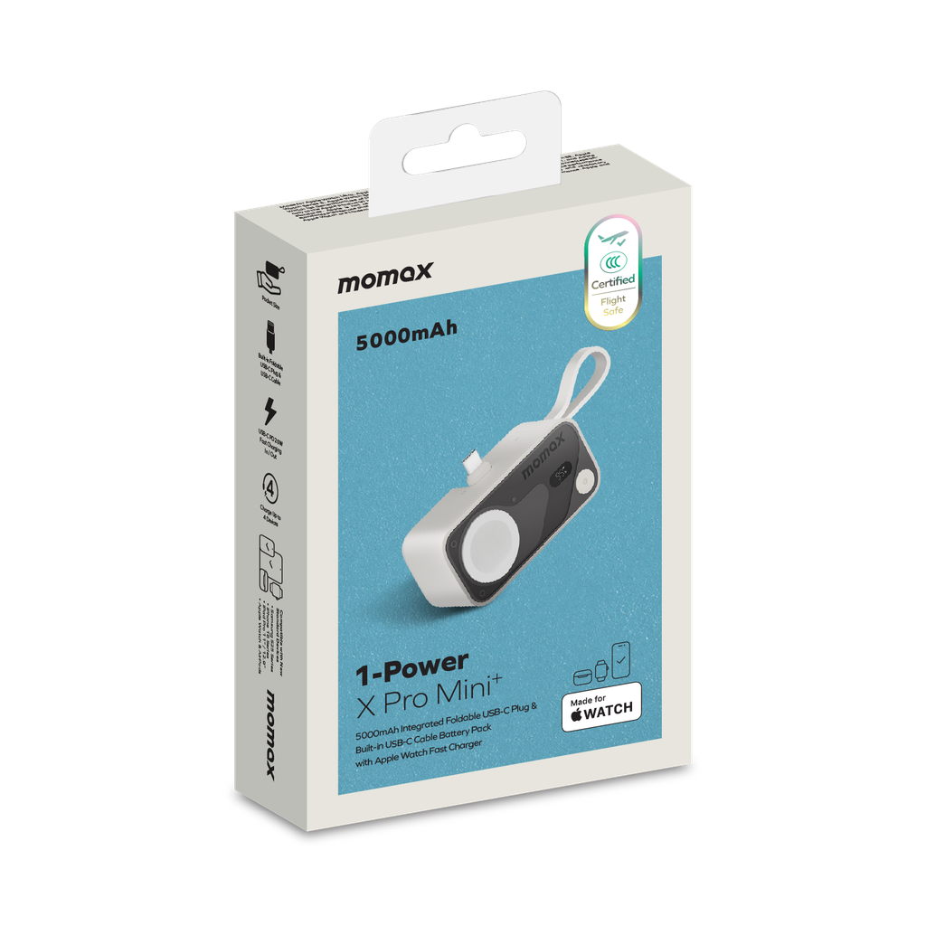 Momax 1-power X Pro Mini+ 5000mAh Integrated Foldable USB-C Plug & Built-in USB-C Cable Power Bank With Apple Watch Fast Charger Momax 1-power X Pro Mini+ 5000mAh Integrated Foldable USB-C Plug & Built-in USB-C Cable Power Bank With Apple Watch Fast Charger