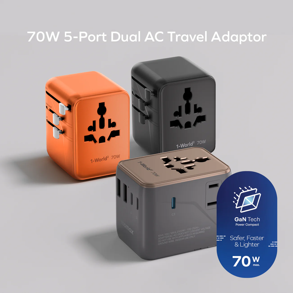 Momax 1-world2 Gan 70W 5-port USB-C AC Travel Adaptor - Orange Momax 1-world2 Gan 70W 5-port USB-C AC Travel Adaptor - Orange