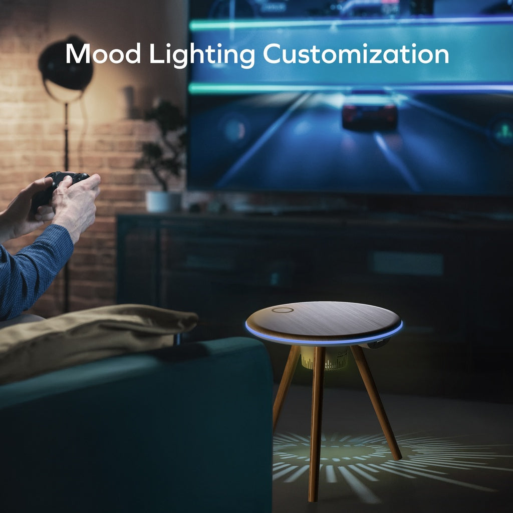 MOMAX CYMBAL COFFEE TABLE WITH LIGHTING EFFECTS , MAGNETIC CHARGING & WIRELESS SPEAKER MOMAX CYMBAL COFFEE TABLE WITH LIGHTING EFFECTS , MAGNETIC CHARGING & WIRELESS SPEAKER