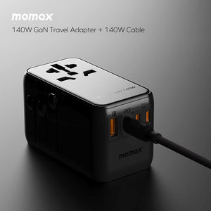 MOMAX 1-WORLD 140W GAN 4 PORTS AC TRAVEL ADAPTER INCLUDING 140W USB-C TO USB-C CABLE - ALAMAT