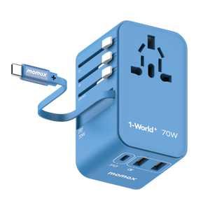 MOMAX 1-WORLD 70W GAN 3 PORT WITH BUILT-IN USB-C CABLE AC TRAVEL ADAPTOR - ALAMAT