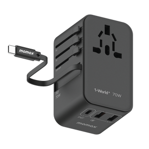 MOMAX 1-WORLD 70W GAN 3 PORT WITH BUILT-IN USB-C CABLE AC TRAVEL ADAPTOR - ALAMAT