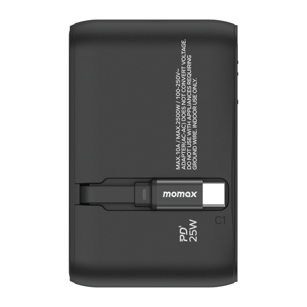 MOMAX 1-WORLD 25W 3 PORT WITH BUILT-IN USB-C CABLE AC TRAVEL ADAPTOR MOMAX 1-WORLD 25W 3 PORT WITH BUILT-IN USB-C CABLE AC TRAVEL ADAPTOR