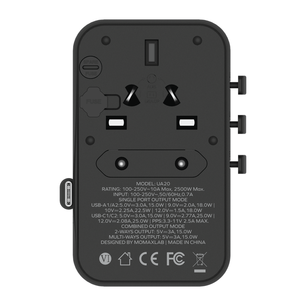 MOMAX 1-WORLD 25W 3 PORT WITH BUILT-IN USB-C CABLE AC TRAVEL ADAPTOR MOMAX 1-WORLD 25W 3 PORT WITH BUILT-IN USB-C CABLE AC TRAVEL ADAPTOR