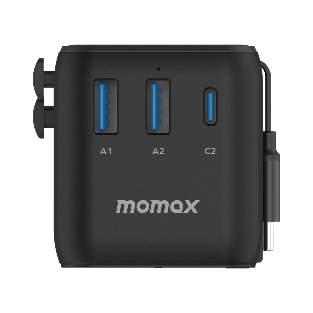 MOMAX 1-WORLD 25W 3 PORT WITH BUILT-IN USB-C CABLE AC TRAVEL ADAPTOR MOMAX 1-WORLD 25W 3 PORT WITH BUILT-IN USB-C CABLE AC TRAVEL ADAPTOR