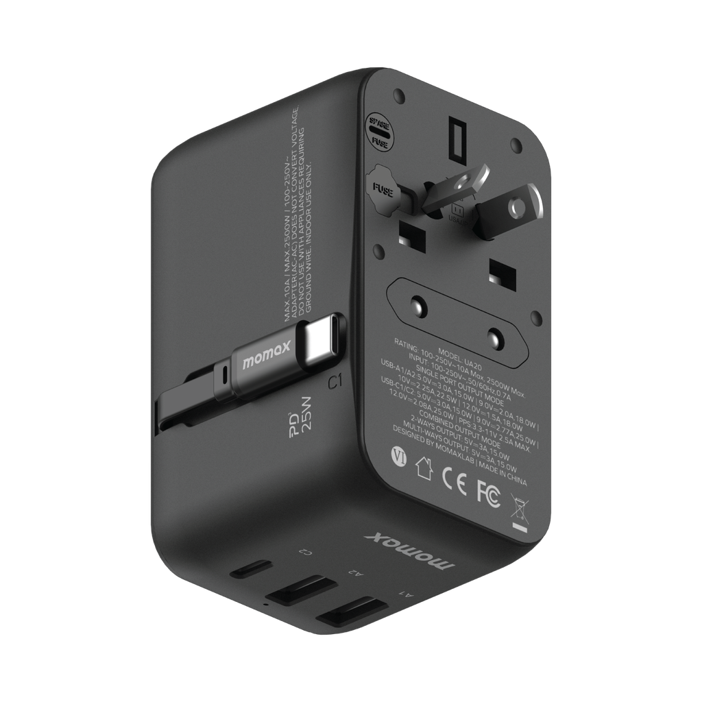 MOMAX 1-WORLD 25W 3 PORT WITH BUILT-IN USB-C CABLE AC TRAVEL ADAPTOR MOMAX 1-WORLD 25W 3 PORT WITH BUILT-IN USB-C CABLE AC TRAVEL ADAPTOR