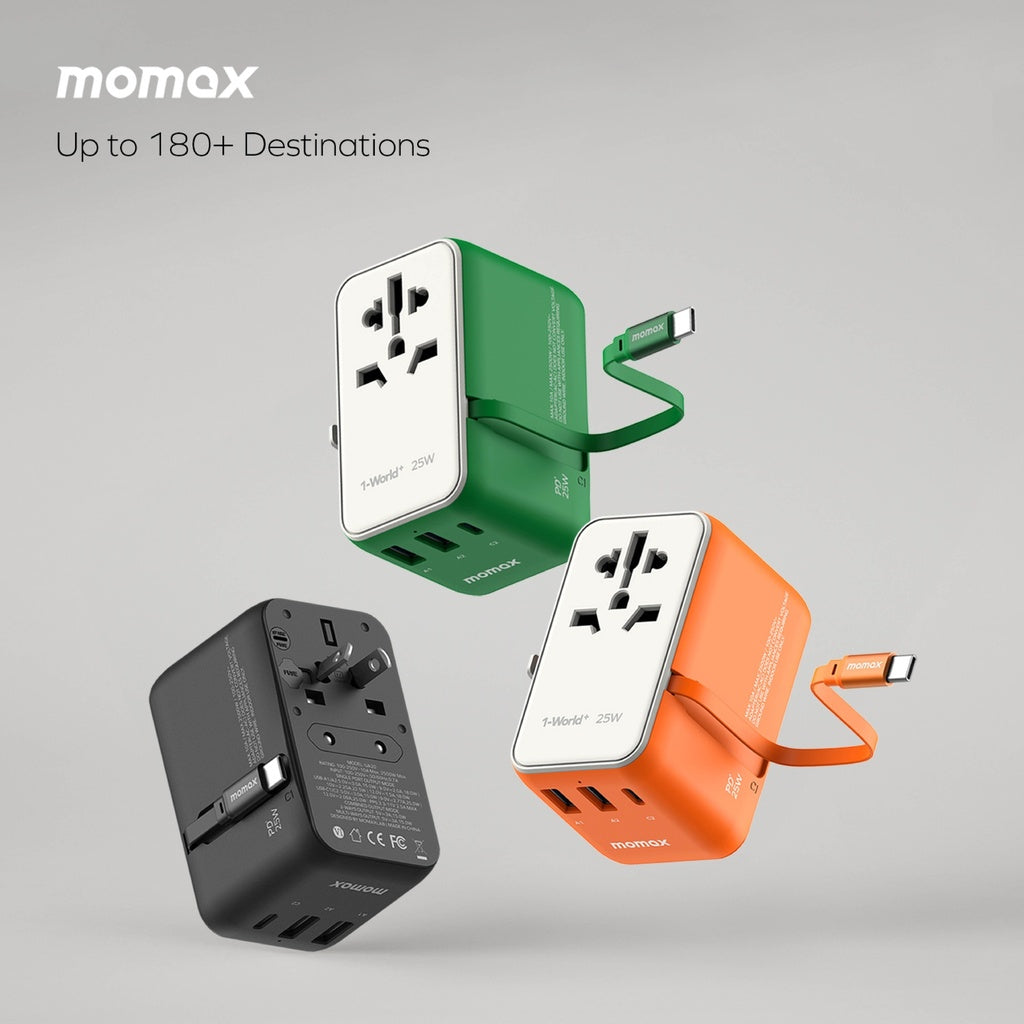 MOMAX 1-WORLD 25W 3 PORT WITH BUILT-IN USB-C CABLE AC TRAVEL ADAPTOR MOMAX 1-WORLD 25W 3 PORT WITH BUILT-IN USB-C CABLE AC TRAVEL ADAPTOR