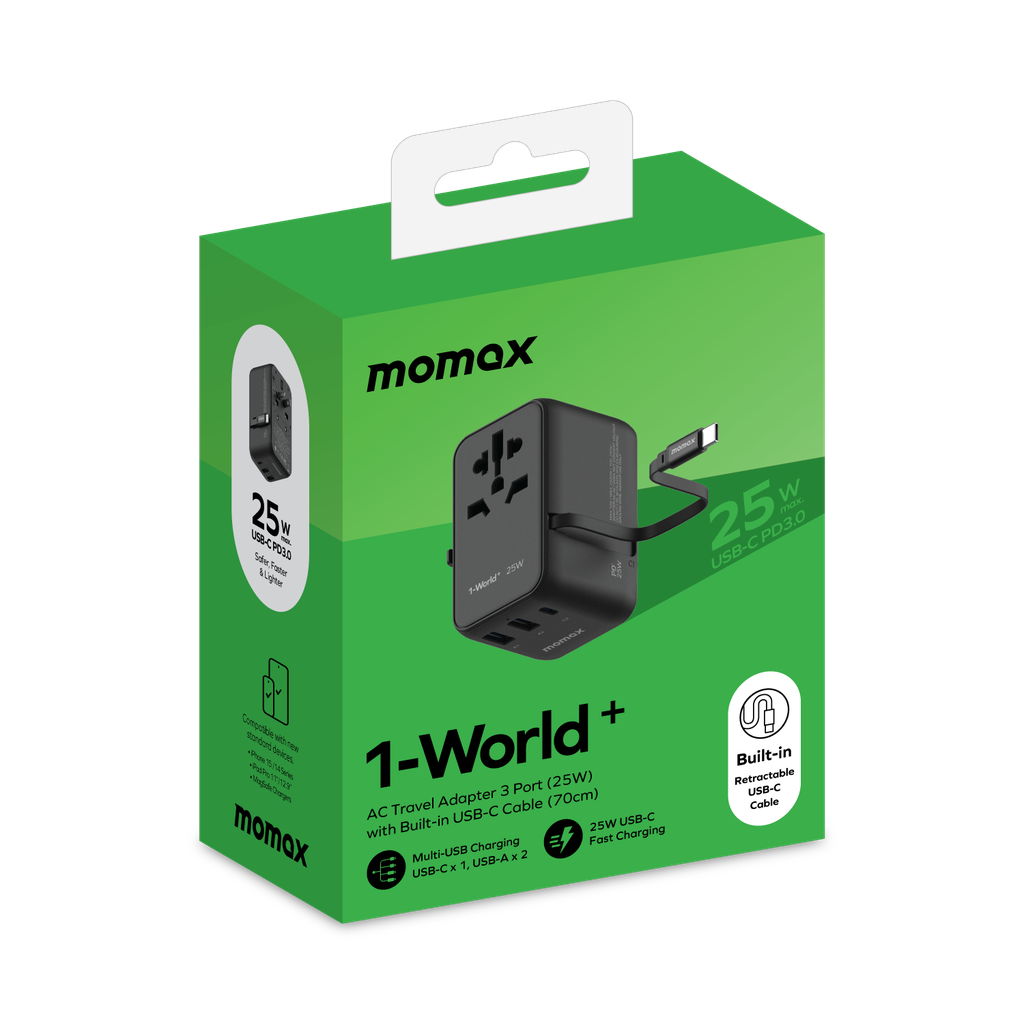 MOMAX 1-WORLD 25W 3 PORT WITH BUILT-IN USB-C CABLE AC TRAVEL ADAPTOR MOMAX 1-WORLD 25W 3 PORT WITH BUILT-IN USB-C CABLE AC TRAVEL ADAPTOR