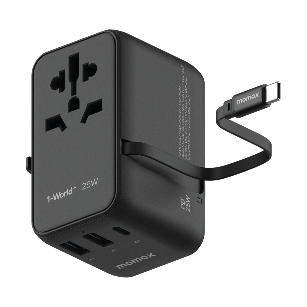 MOMAX 1-WORLD 25W 3 PORT WITH BUILT-IN USB-C CABLE AC TRAVEL ADAPTOR MOMAX 1-WORLD 25W 3 PORT WITH BUILT-IN USB-C CABLE AC TRAVEL ADAPTOR