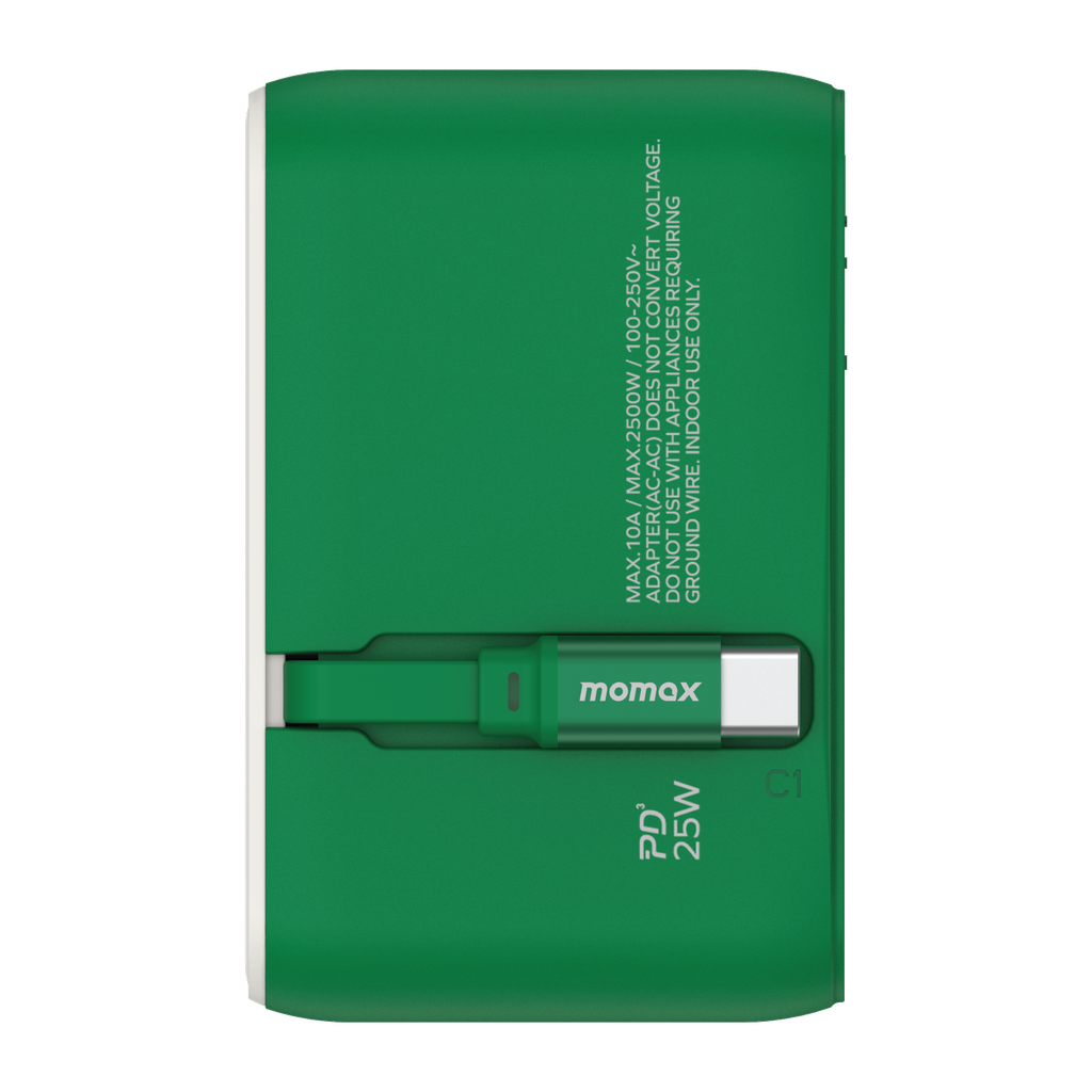 MOMAX 1-WORLD 25W 3 PORT WITH BUILT-IN USB-C CABLE AC TRAVEL ADAPTOR MOMAX 1-WORLD 25W 3 PORT WITH BUILT-IN USB-C CABLE AC TRAVEL ADAPTOR