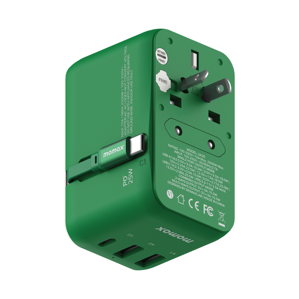 MOMAX 1-WORLD 25W 3 PORT WITH BUILT-IN USB-C CABLE AC TRAVEL ADAPTOR MOMAX 1-WORLD 25W 3 PORT WITH BUILT-IN USB-C CABLE AC TRAVEL ADAPTOR