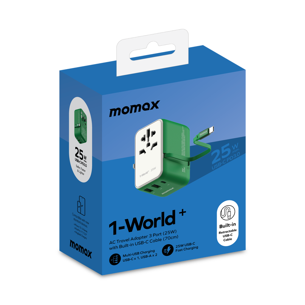 MOMAX 1-WORLD 25W 3 PORT WITH BUILT-IN USB-C CABLE AC TRAVEL ADAPTOR MOMAX 1-WORLD 25W 3 PORT WITH BUILT-IN USB-C CABLE AC TRAVEL ADAPTOR