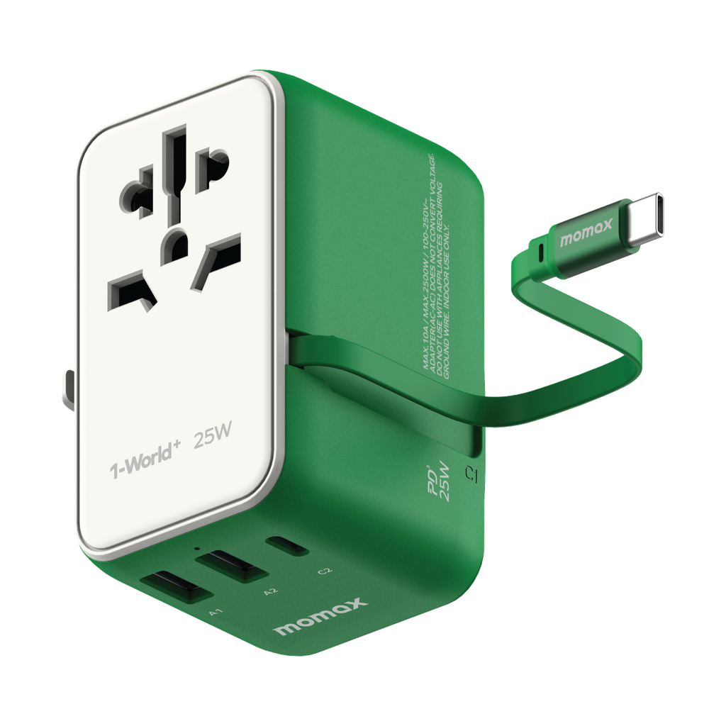 MOMAX 1-WORLD 25W 3 PORT WITH BUILT-IN USB-C CABLE AC TRAVEL ADAPTOR MOMAX 1-WORLD 25W 3 PORT WITH BUILT-IN USB-C CABLE AC TRAVEL ADAPTOR