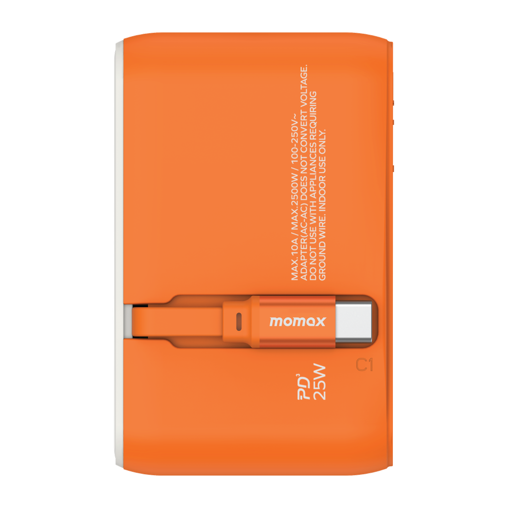 MOMAX 1-WORLD 25W 3 PORT WITH BUILT-IN USB-C CABLE AC TRAVEL ADAPTOR MOMAX 1-WORLD 25W 3 PORT WITH BUILT-IN USB-C CABLE AC TRAVEL ADAPTOR