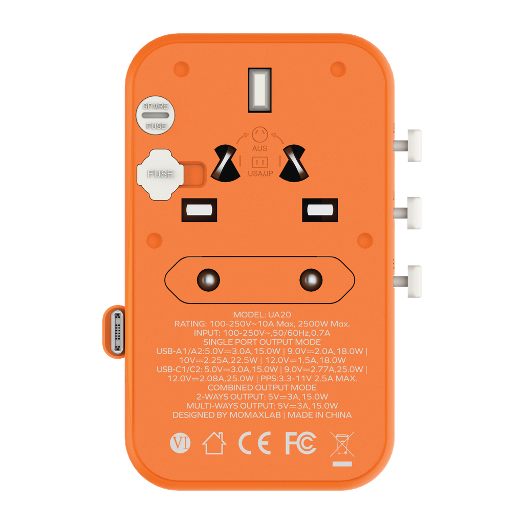MOMAX 1-WORLD 25W 3 PORT WITH BUILT-IN USB-C CABLE AC TRAVEL ADAPTOR MOMAX 1-WORLD 25W 3 PORT WITH BUILT-IN USB-C CABLE AC TRAVEL ADAPTOR