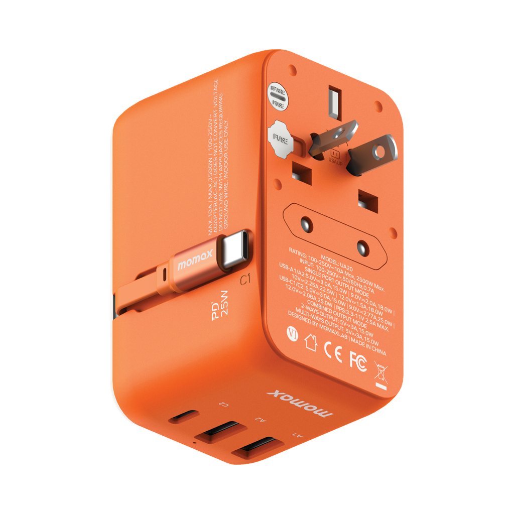 MOMAX 1-WORLD 25W 3 PORT WITH BUILT-IN USB-C CABLE AC TRAVEL ADAPTOR MOMAX 1-WORLD 25W 3 PORT WITH BUILT-IN USB-C CABLE AC TRAVEL ADAPTOR
