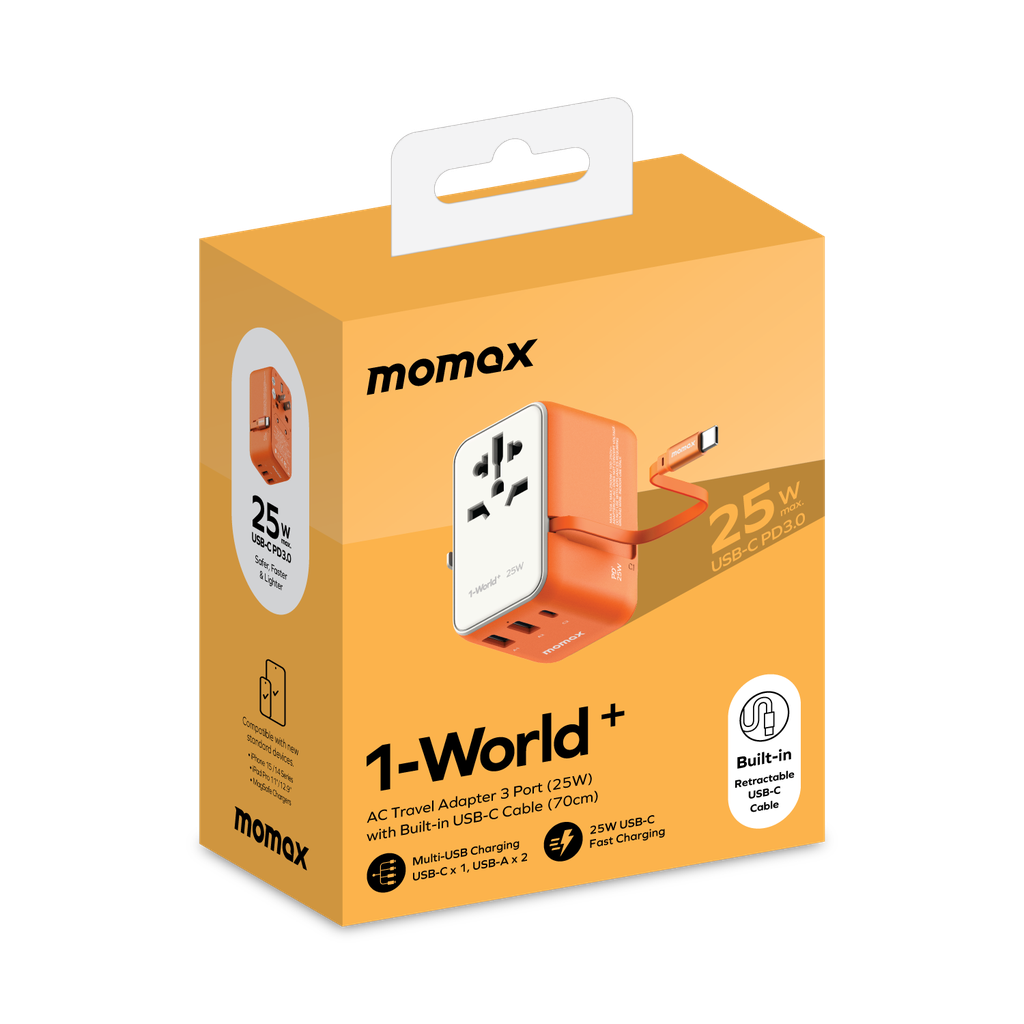 MOMAX 1-WORLD 25W 3 PORT WITH BUILT-IN USB-C CABLE AC TRAVEL ADAPTOR MOMAX 1-WORLD 25W 3 PORT WITH BUILT-IN USB-C CABLE AC TRAVEL ADAPTOR