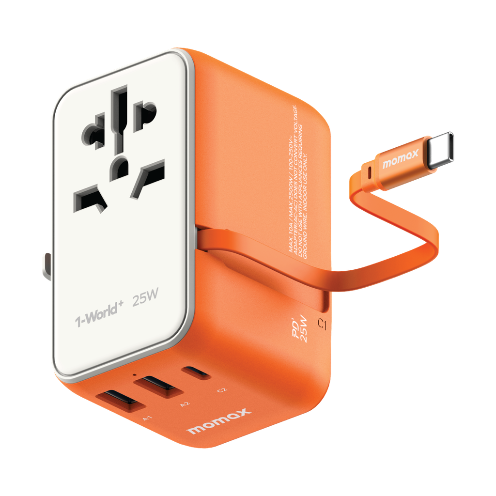 MOMAX 1-WORLD 25W 3 PORT WITH BUILT-IN USB-C CABLE AC TRAVEL ADAPTOR MOMAX 1-WORLD 25W 3 PORT WITH BUILT-IN USB-C CABLE AC TRAVEL ADAPTOR