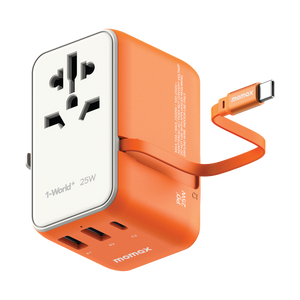 MOMAX 1-WORLD 25W 3 PORT WITH BUILT-IN USB-C CABLE AC TRAVEL ADAPTOR - ALAMAT