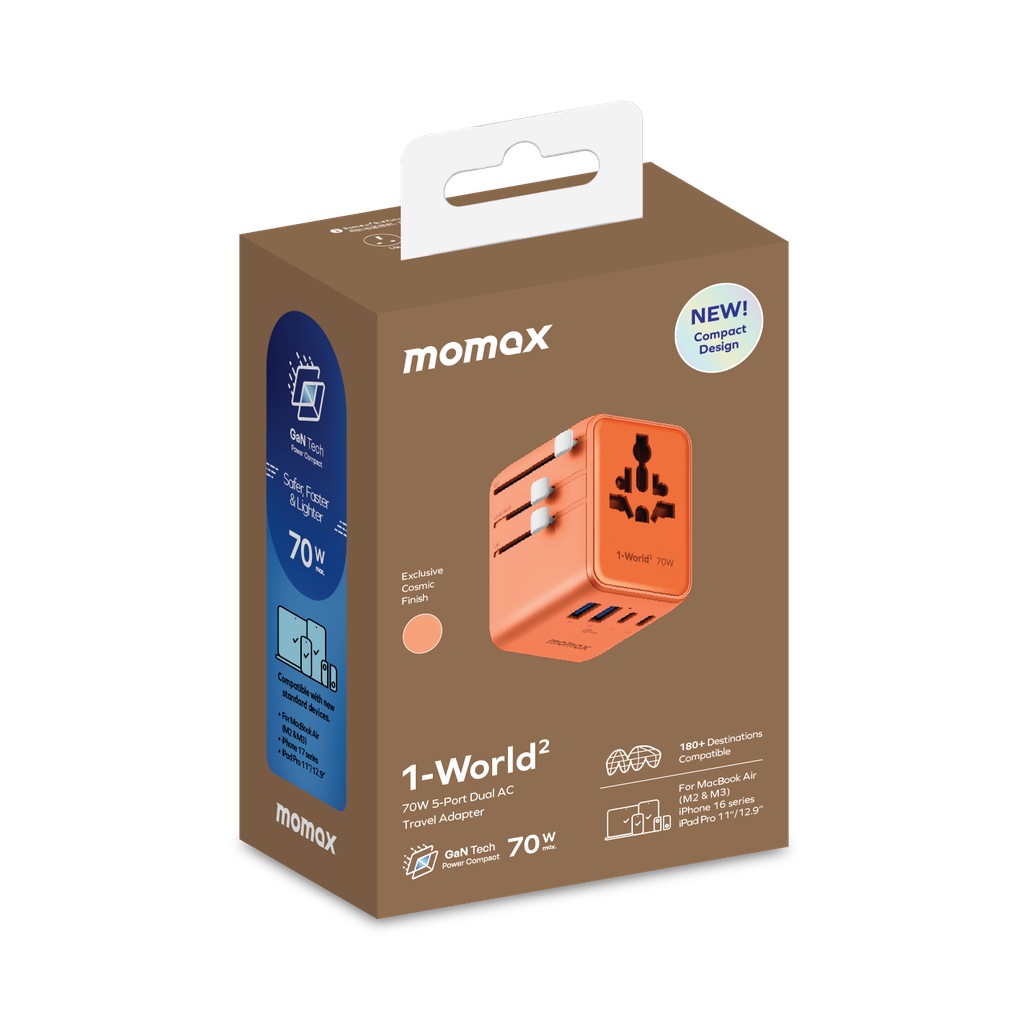 Momax 1-world2 Gan 70W 5-port USB-C AC Travel Adaptor - Orange Momax 1-world2 Gan 70W 5-port USB-C AC Travel Adaptor - Orange