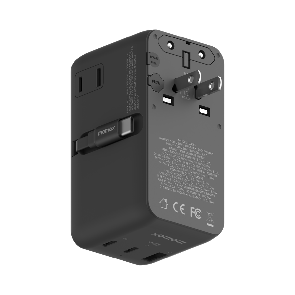 MOMAX 1-WORLD2+ 100W 4 PORT DUAL AC TRAVEL ADAPTOR WITH BUILT-IN CABLE MOMAX 1-WORLD2+ 100W 4 PORT DUAL AC TRAVEL ADAPTOR WITH BUILT-IN CABLE