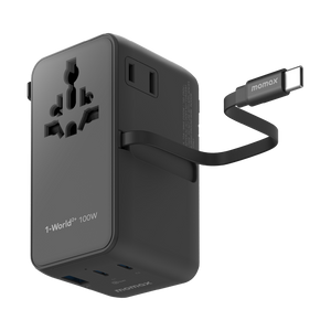 MOMAX 1-WORLD2+ 100W 4 PORT DUAL AC TRAVEL ADAPTOR WITH BUILT-IN CABLE - ALAMAT