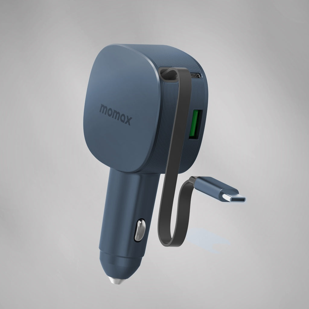 MOMAX 1-MOVE+ 60W 2-PORT CAR CHARGER WITH BUILT-IN RETRACTABLE CABLE MOMAX 1-MOVE+ 60W 2-PORT CAR CHARGER WITH BUILT-IN RETRACTABLE CABLE