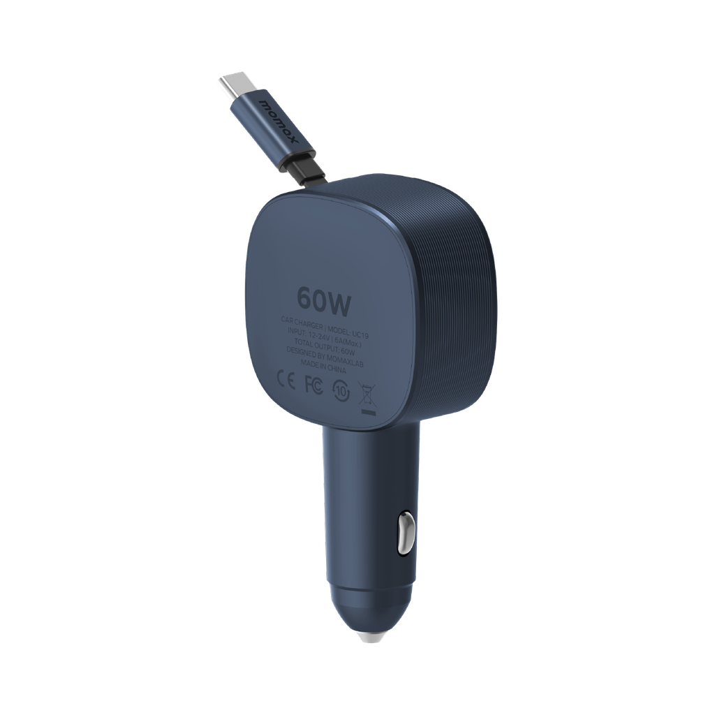 MOMAX 1-MOVE+ 60W 2-PORT CAR CHARGER WITH BUILT-IN RETRACTABLE CABLE MOMAX 1-MOVE+ 60W 2-PORT CAR CHARGER WITH BUILT-IN RETRACTABLE CABLE