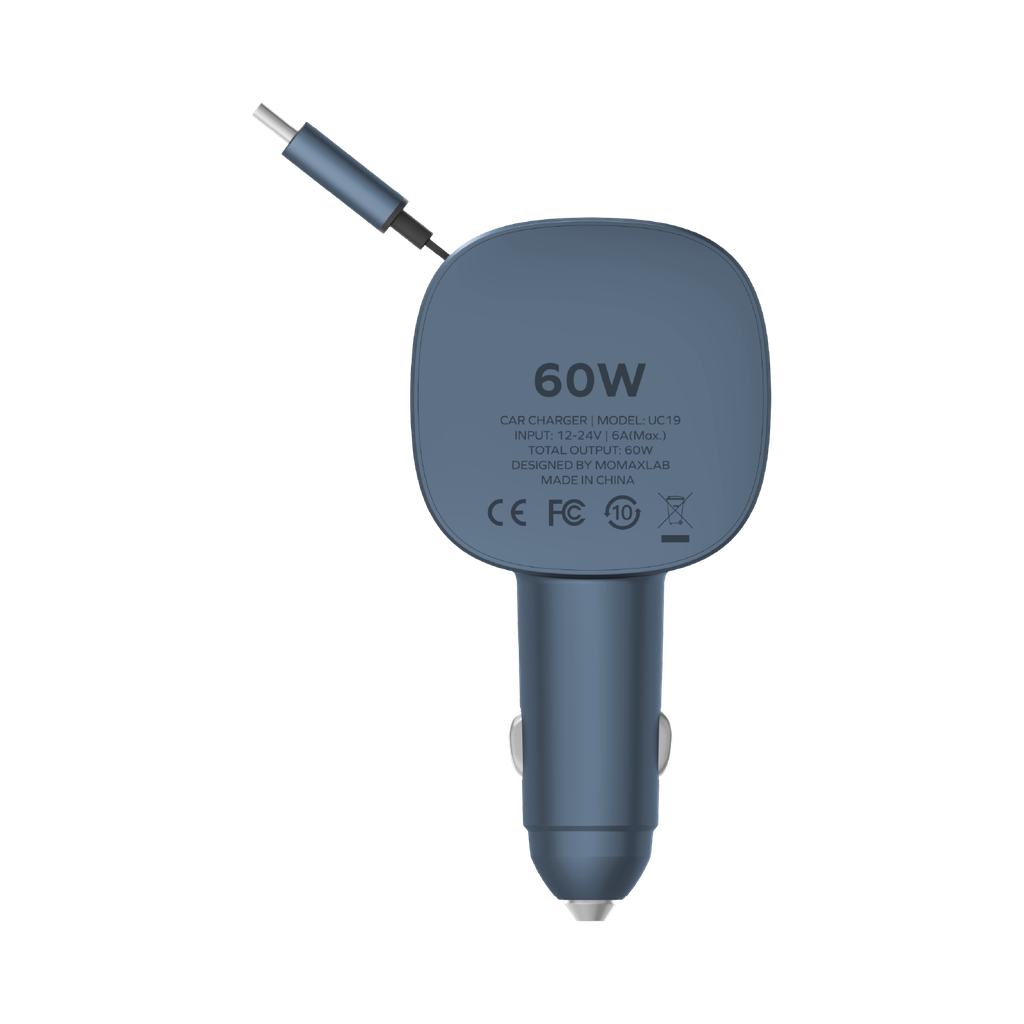 MOMAX 1-MOVE+ 60W 2-PORT CAR CHARGER WITH BUILT-IN RETRACTABLE CABLE MOMAX 1-MOVE+ 60W 2-PORT CAR CHARGER WITH BUILT-IN RETRACTABLE CABLE