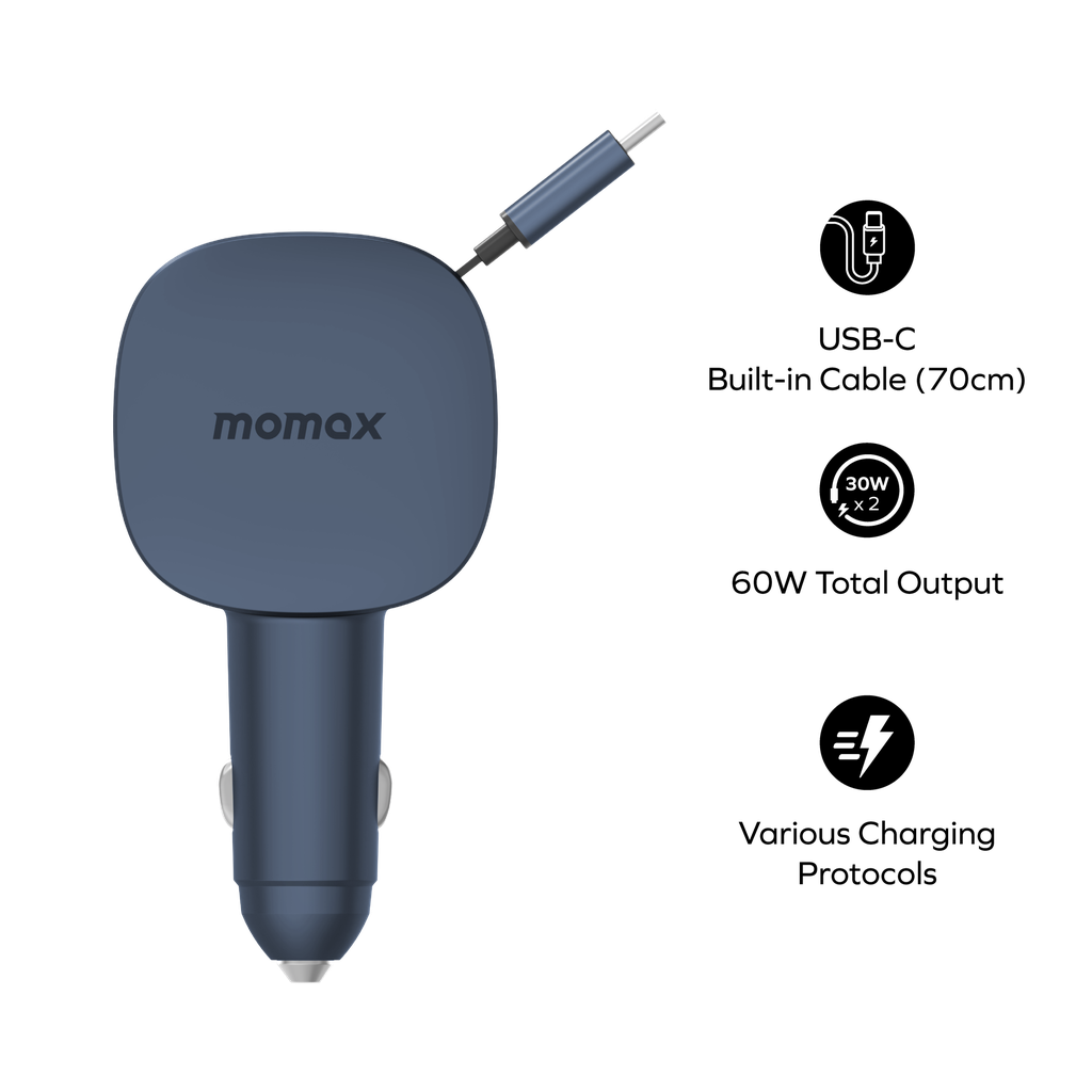 MOMAX 1-MOVE+ 60W 2-PORT CAR CHARGER WITH BUILT-IN RETRACTABLE CABLE MOMAX 1-MOVE+ 60W 2-PORT CAR CHARGER WITH BUILT-IN RETRACTABLE CABLE