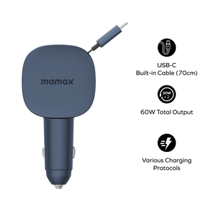 MOMAX 1-MOVE+ 60W 2-PORT CAR CHARGER WITH BUILT-IN RETRACTABLE CABLE - ALAMAT