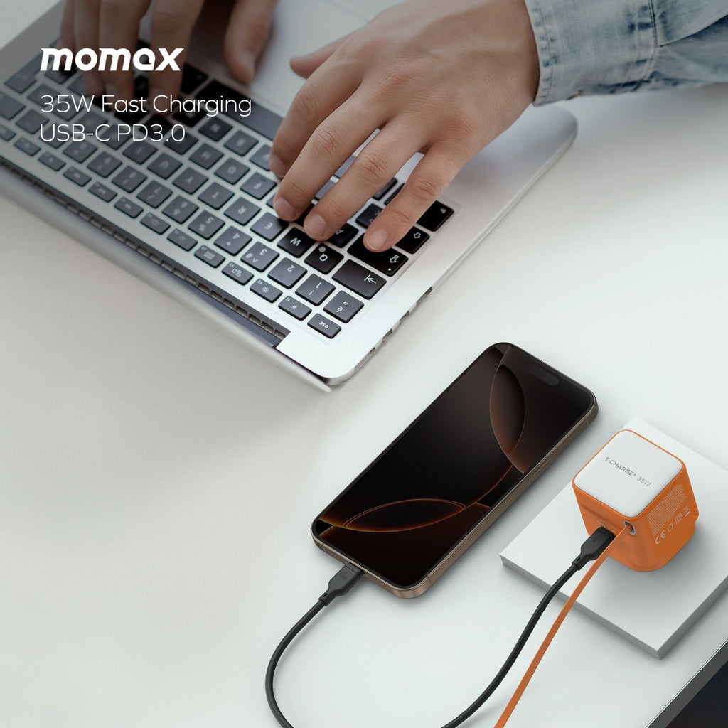 MOMAX 1-CHARGE 35W GAN 1 PORT CHARGER WITH BUILT-IN USB-C CABLE MOMAX 1-CHARGE 35W GAN 1 PORT CHARGER WITH BUILT-IN USB-C CABLE
