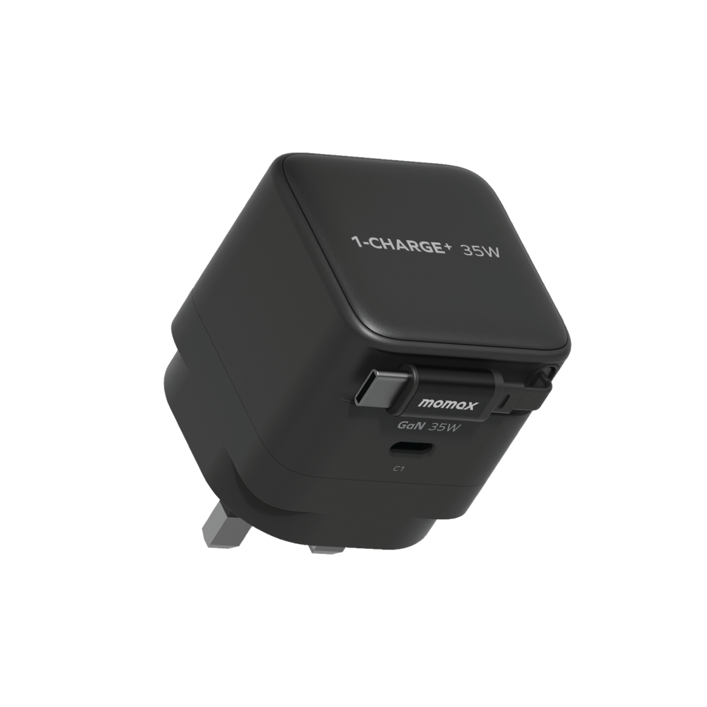MOMAX 1-CHARGE 35W GAN 1 PORT CHARGER WITH BUILT-IN USB-C CABLE MOMAX 1-CHARGE 35W GAN 1 PORT CHARGER WITH BUILT-IN USB-C CABLE