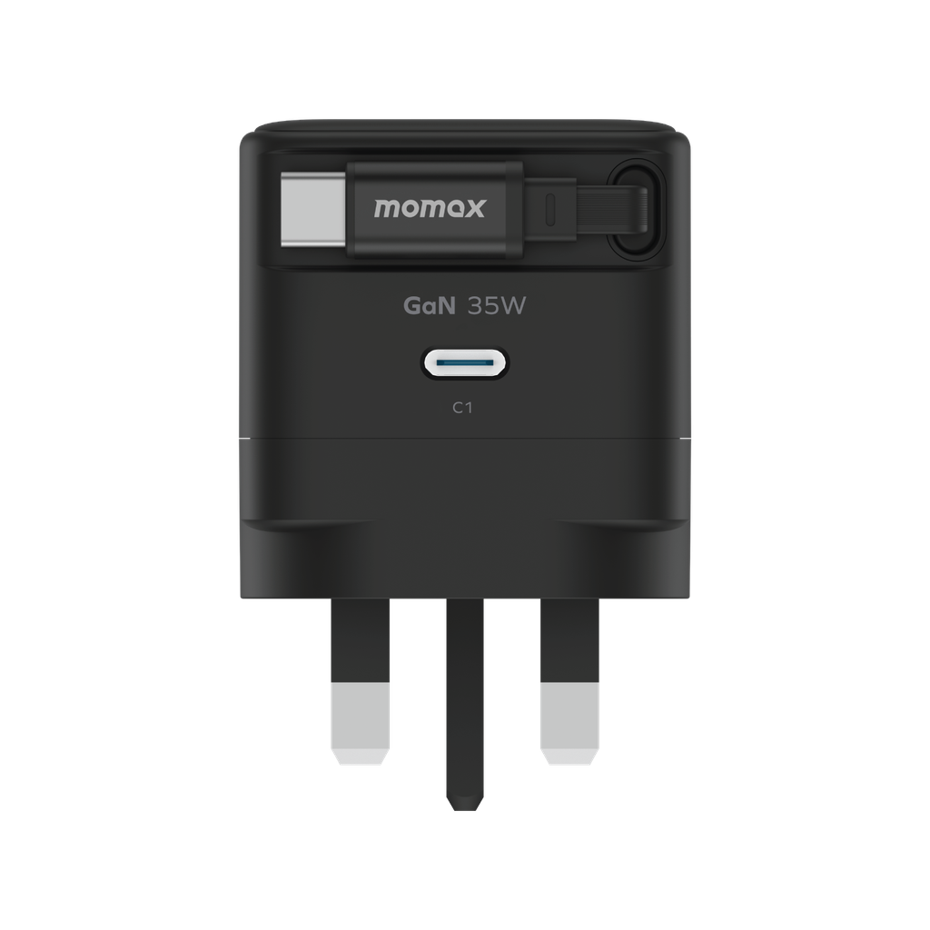 MOMAX 1-CHARGE 35W GAN 1 PORT CHARGER WITH BUILT-IN USB-C CABLE MOMAX 1-CHARGE 35W GAN 1 PORT CHARGER WITH BUILT-IN USB-C CABLE