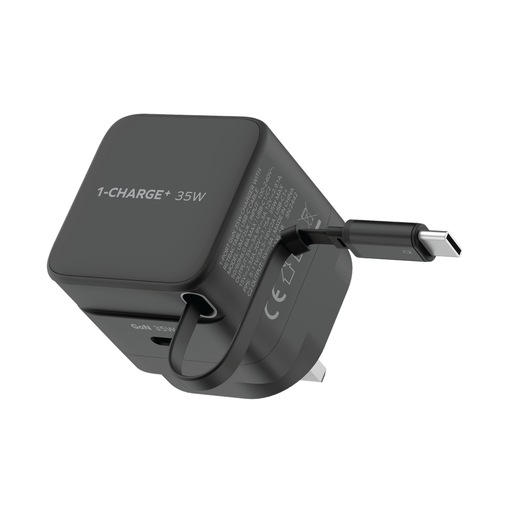 MOMAX 1-CHARGE 35W GAN 1 PORT CHARGER WITH BUILT-IN USB-C CABLE MOMAX 1-CHARGE 35W GAN 1 PORT CHARGER WITH BUILT-IN USB-C CABLE