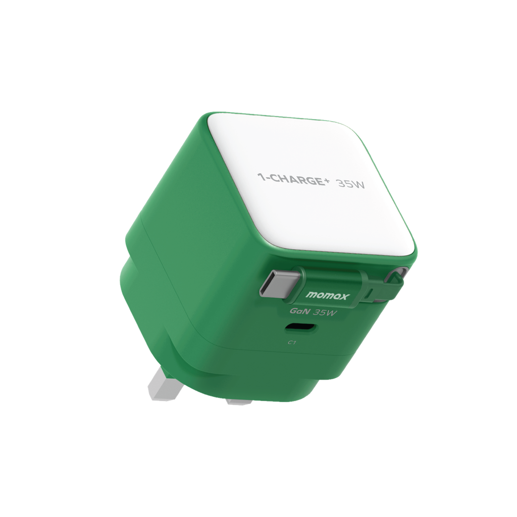 MOMAX 1-CHARGE 35W GAN 1 PORT CHARGER WITH BUILT-IN USB-C CABLE MOMAX 1-CHARGE 35W GAN 1 PORT CHARGER WITH BUILT-IN USB-C CABLE