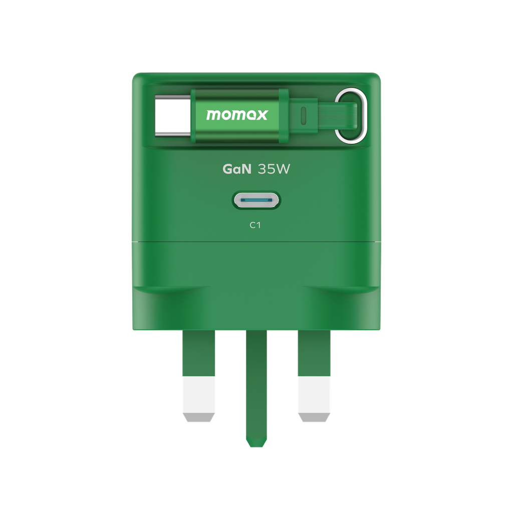 MOMAX 1-CHARGE 35W GAN 1 PORT CHARGER WITH BUILT-IN USB-C CABLE MOMAX 1-CHARGE 35W GAN 1 PORT CHARGER WITH BUILT-IN USB-C CABLE