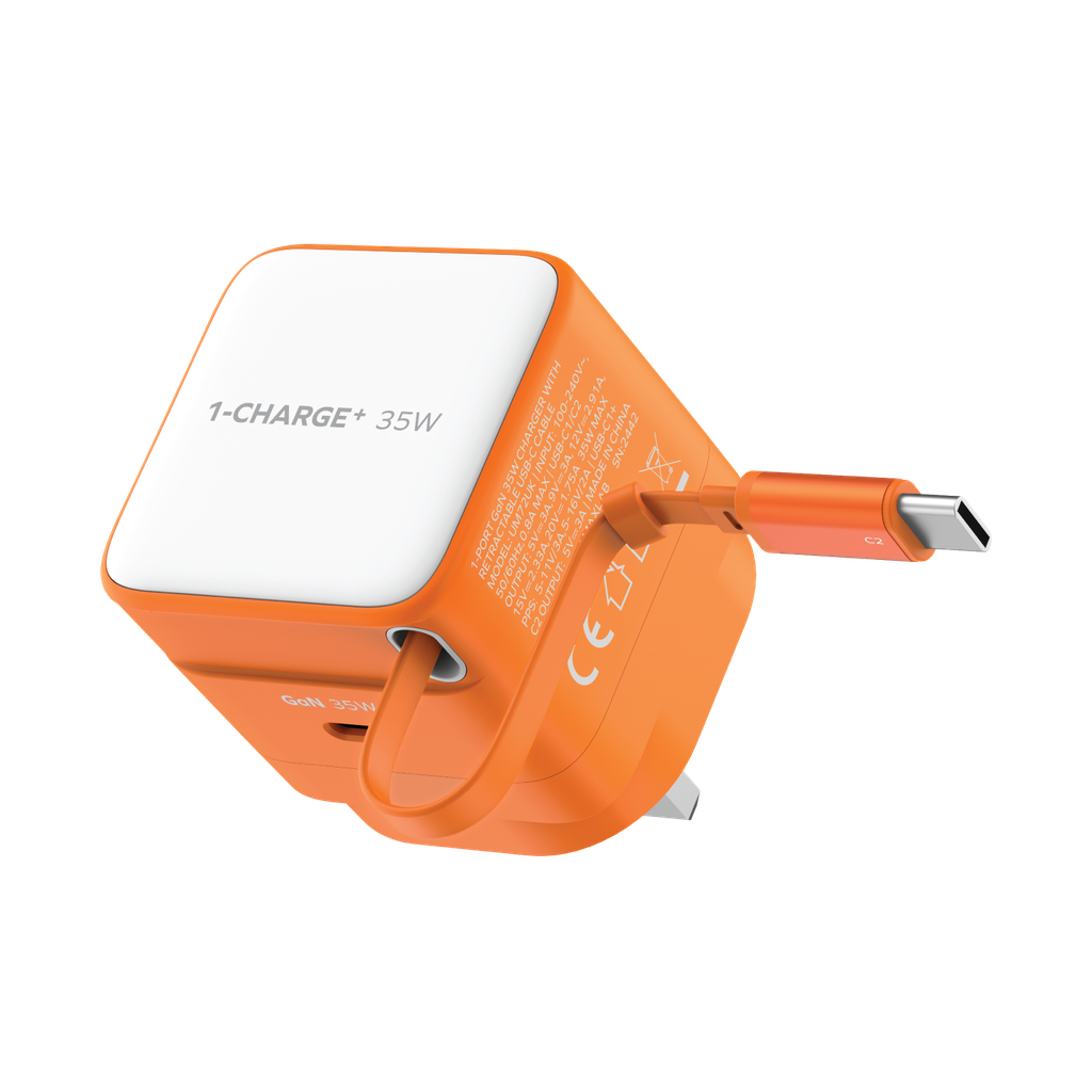MOMAX 1-CHARGE 35W GAN 1 PORT CHARGER WITH BUILT-IN USB-C CABLE MOMAX 1-CHARGE 35W GAN 1 PORT CHARGER WITH BUILT-IN USB-C CABLE