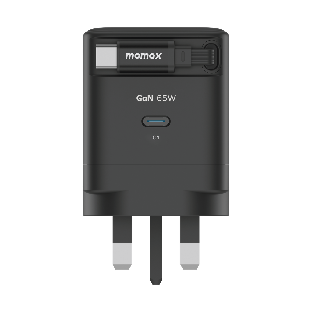 MOMAX 1-CHARGE 65W GAN 1 PORT CHARGER WITH BUILT-IN USB-C CABLE MOMAX 1-CHARGE 65W GAN 1 PORT CHARGER WITH BUILT-IN USB-C CABLE