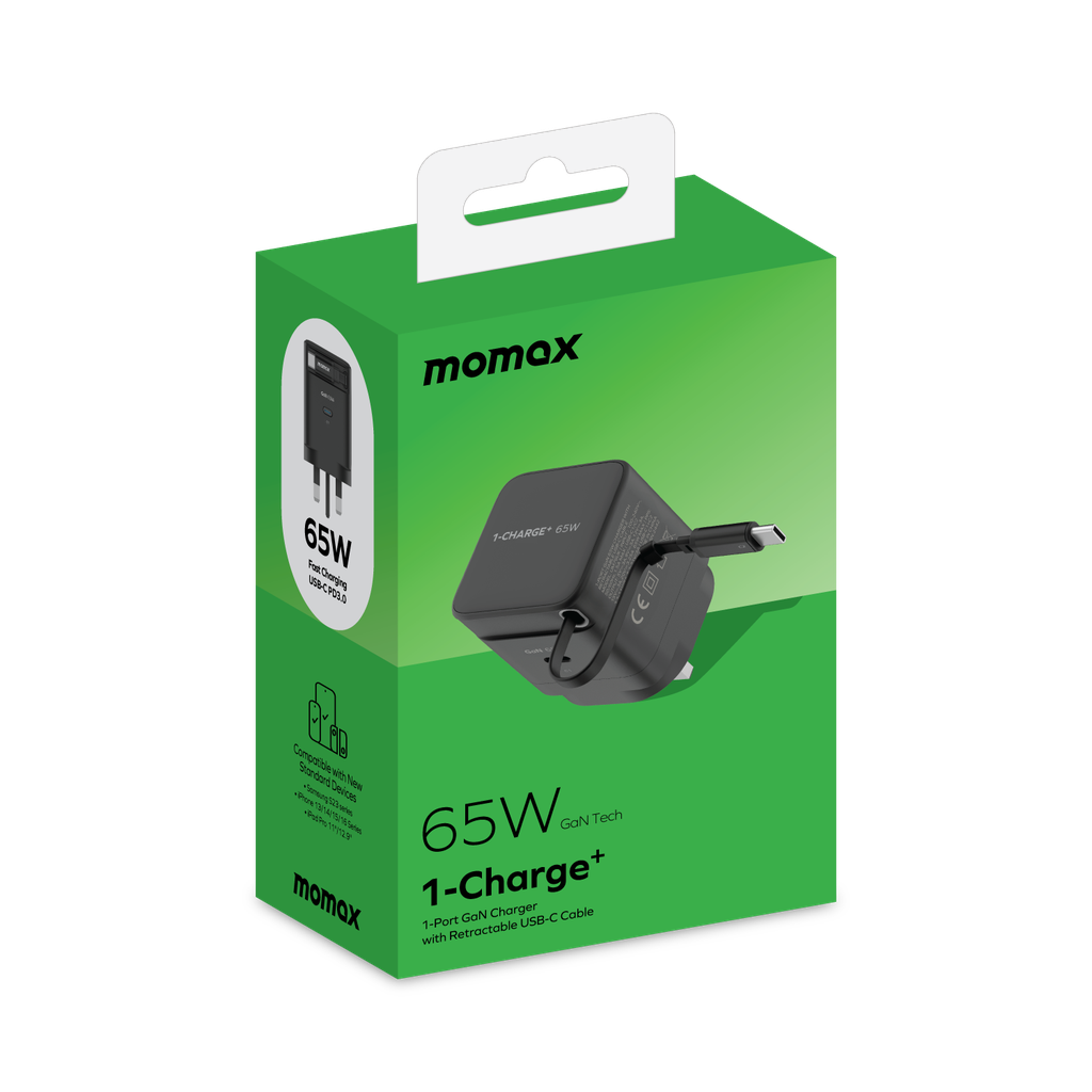 MOMAX 1-CHARGE 65W GAN 1 PORT CHARGER WITH BUILT-IN USB-C CABLE MOMAX 1-CHARGE 65W GAN 1 PORT CHARGER WITH BUILT-IN USB-C CABLE