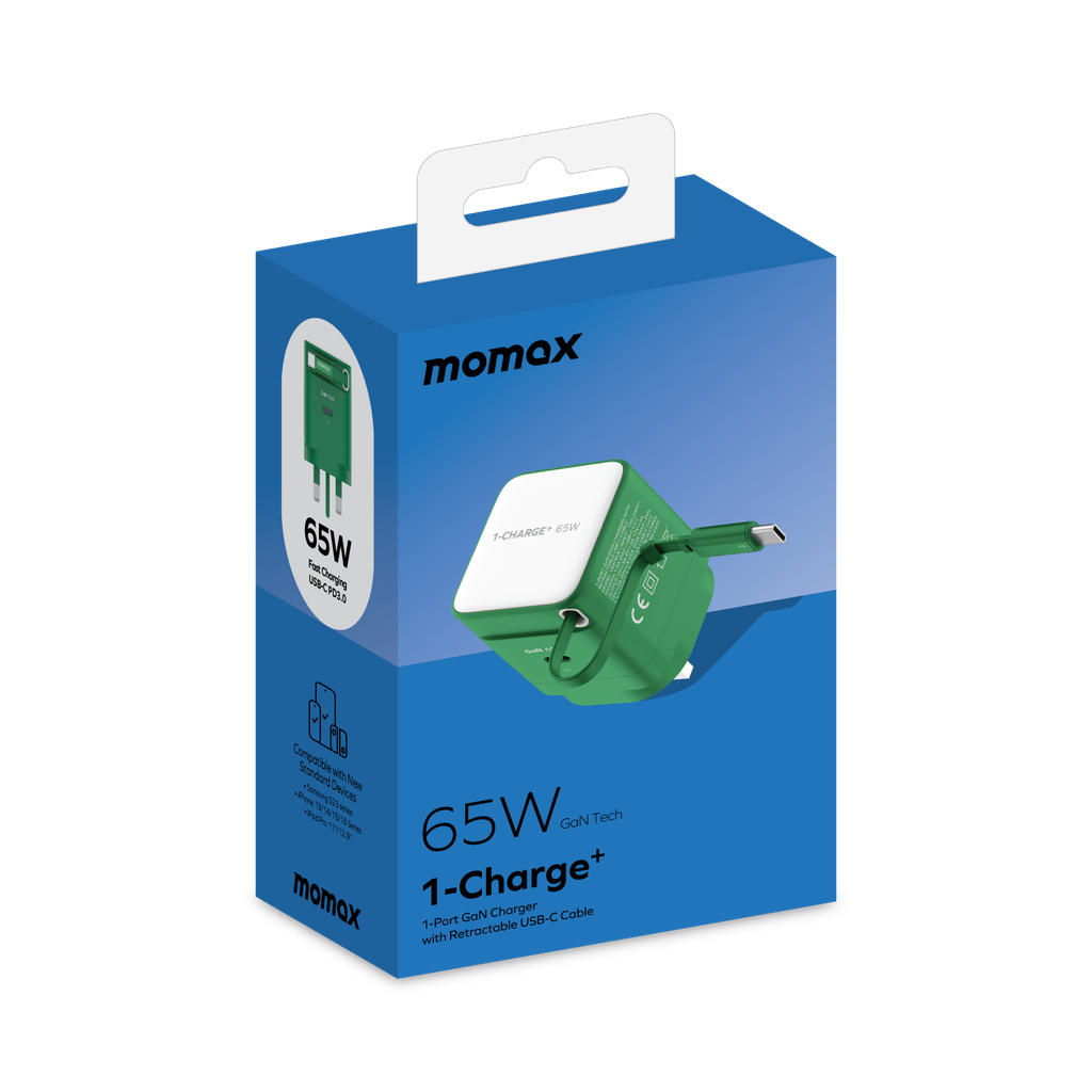 MOMAX 1-CHARGE 65W GAN 1 PORT CHARGER WITH BUILT-IN USB-C CABLE MOMAX 1-CHARGE 65W GAN 1 PORT CHARGER WITH BUILT-IN USB-C CABLE