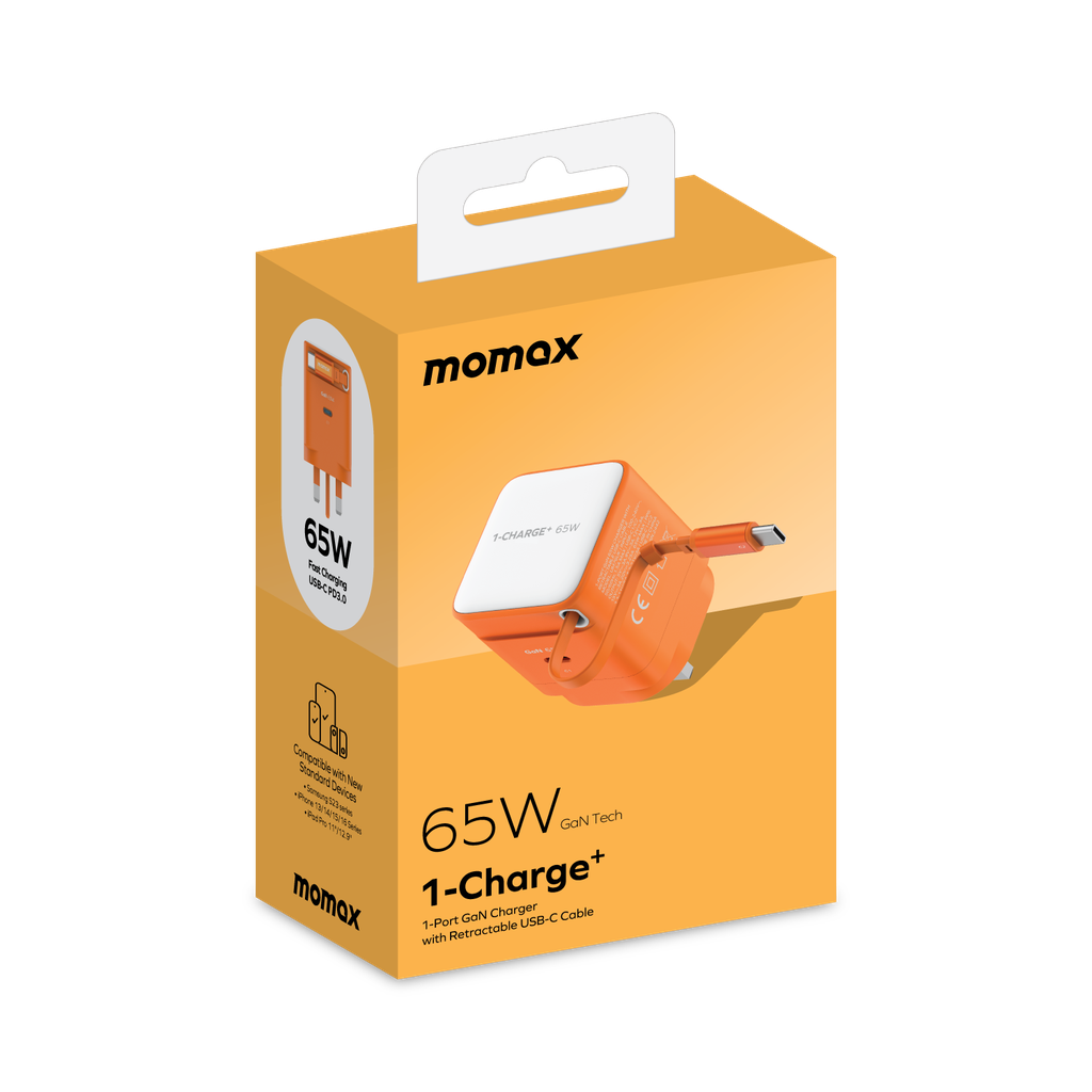 MOMAX 1-CHARGE 65W GAN 1 PORT CHARGER WITH BUILT-IN USB-C CABLE MOMAX 1-CHARGE 65W GAN 1 PORT CHARGER WITH BUILT-IN USB-C CABLE