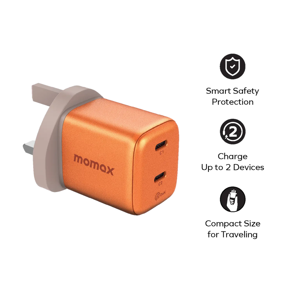 Momax 1-charge 45W 2-Port GaN Charger - 2 USB C Port - Orange Momax 1-charge 45W 2-Port GaN Charger - 2 USB C Port - Orange