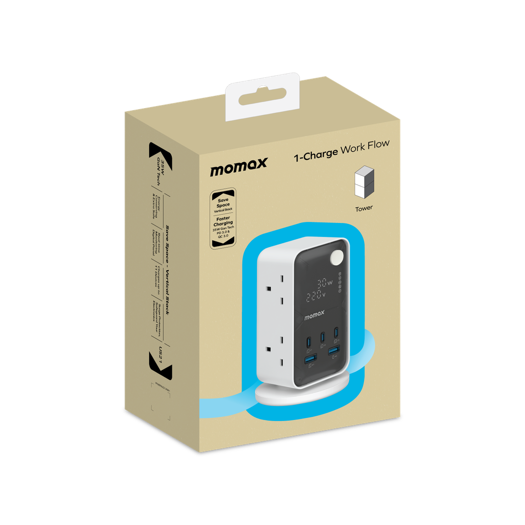 MOMAX 1-CHARGE WORK FLOW 6-OUTLET DIGITAL DISPLAY POWER TOWER WITH USB MOMAX 1-CHARGE WORK FLOW 6-OUTLET DIGITAL DISPLAY POWER TOWER WITH USB