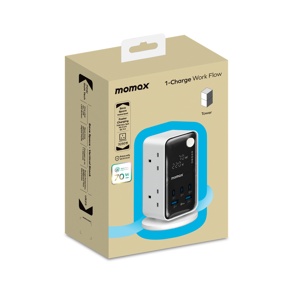 Momax 1-Charge 70W Work Flow 6-Outlet Digital Display Power Tower With USB Momax 1-Charge 70W Work Flow 6-Outlet Digital Display Power Tower With USB